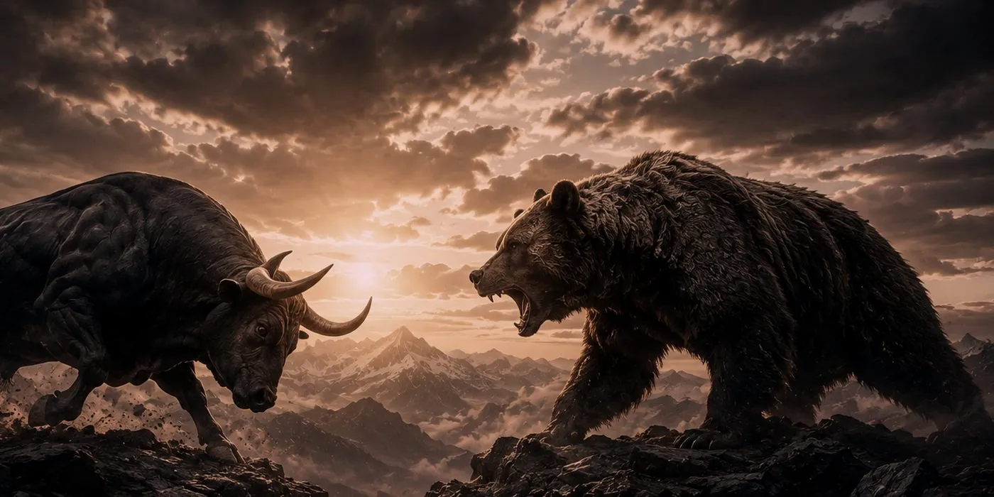 A bull and a bear facing each other at sunrise