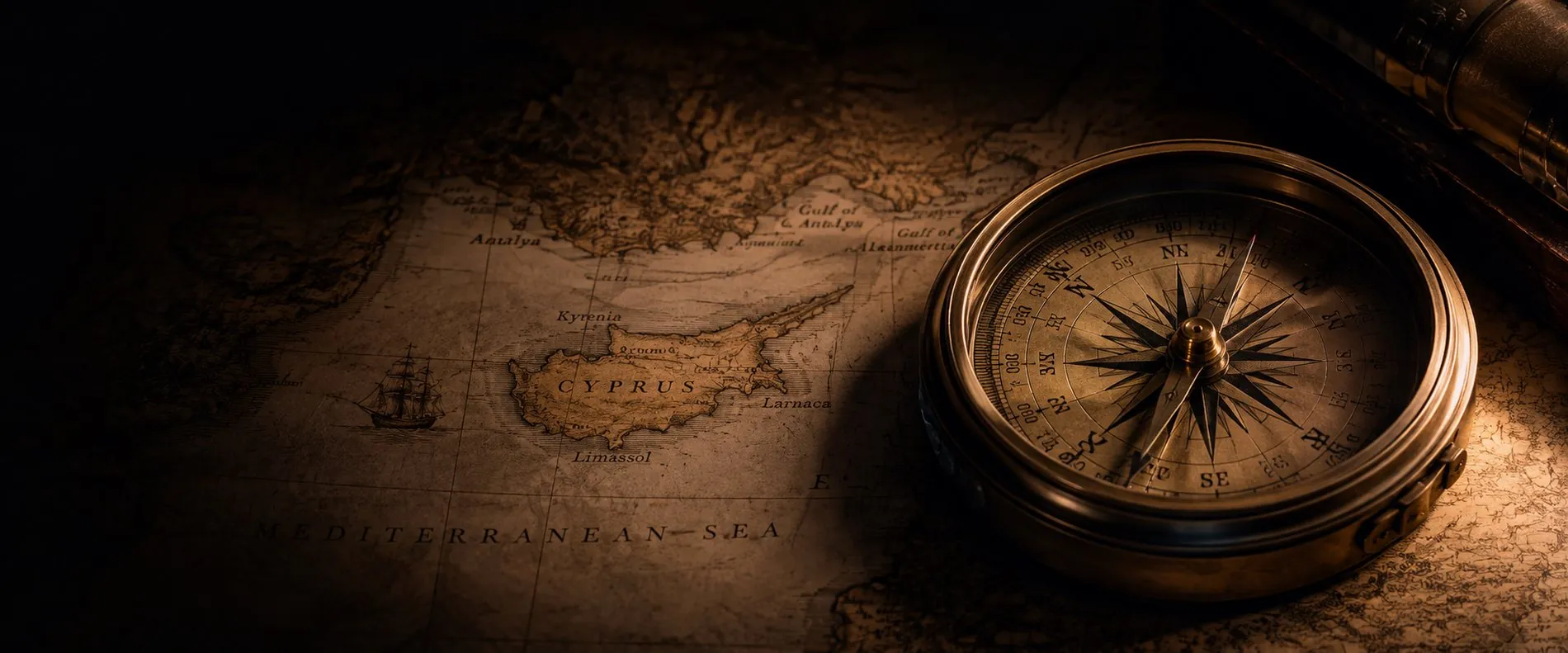 Antique compass on a chart of Cyprus and the Eastern Mediterranean